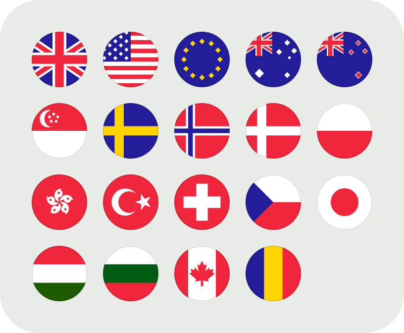 Round representations of the flags of: UK, United States, EU, Australia, New Zealand, Canada, Hungary, Singapore, Switzerland, Czechia, Denmark, Hong Kong, Japan, Norway, Sweden, Romania, Turkey