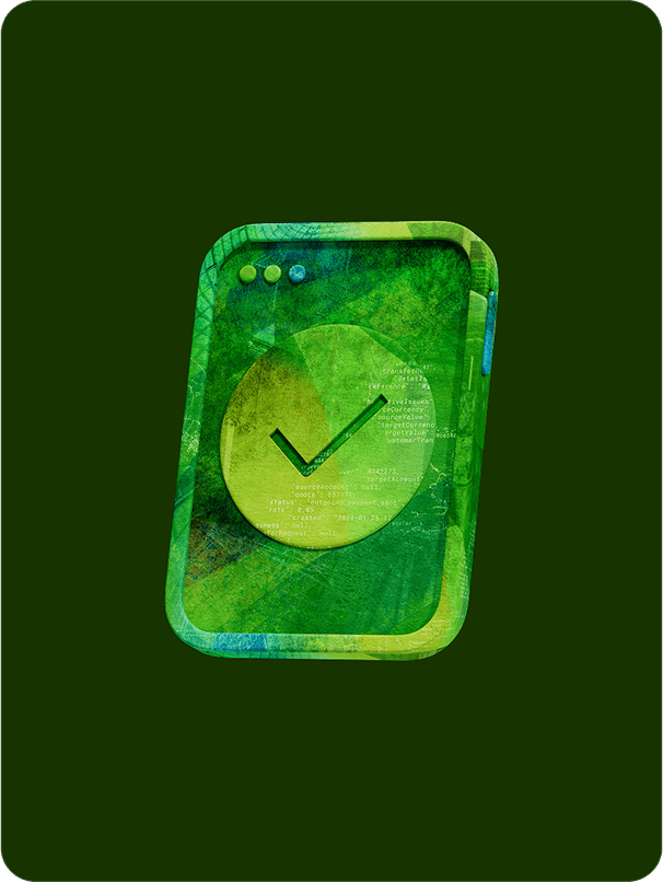 Bright green and yellow abstract illustration of a phone or tablet screen displaying a circular chart with a prominent green checkmark.