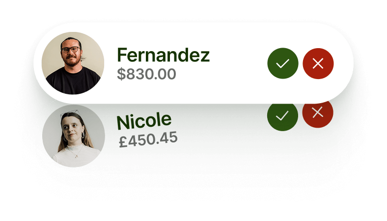 Affichage de deux portraits d'employés élégants avec des montants de paiements en dessous. Le premier est un homme nommé Fernandez, avec un paiement de 830 dollars. La seconde est une femme nommée Nicole, avec un paiement de 450,55 livres sterling.